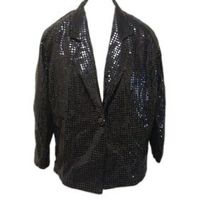 Vtg Monaliza blazer Womens 2X black sequined notch collar single button Flashy